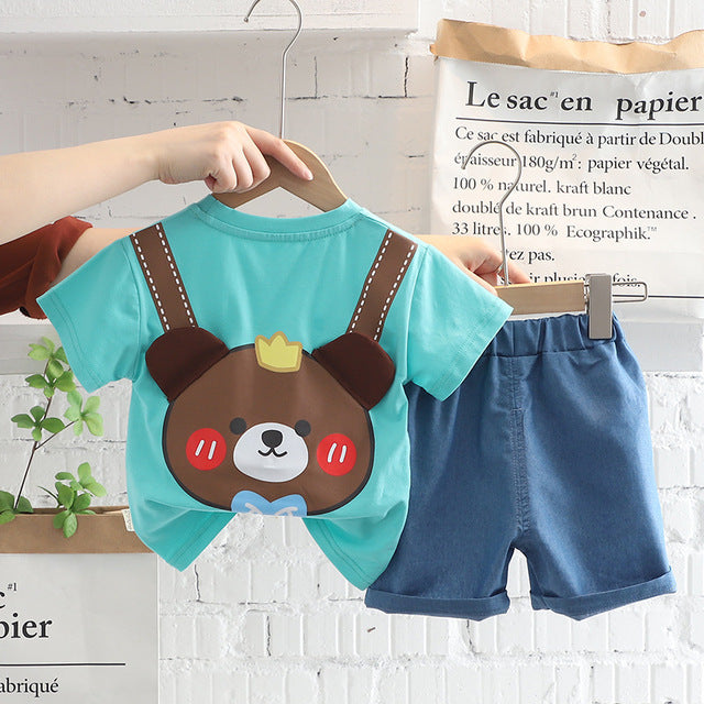 Cute Cartoon Bear T-shirt + Denim Shorts