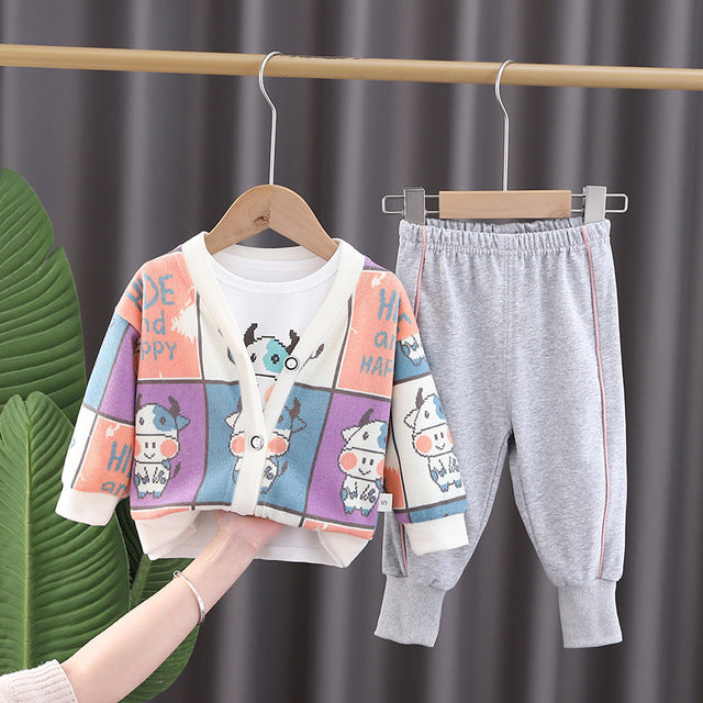 Trend Plaid Print Knitted Cardigan + Cartoon Cow T-Shirt + Pants