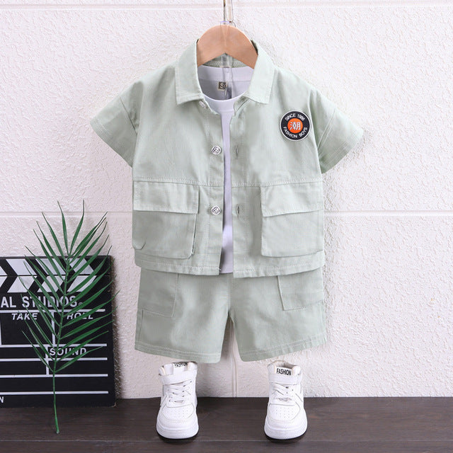 Simple Style Overalls Shirt + T-Shirt + Overalls Shorts
