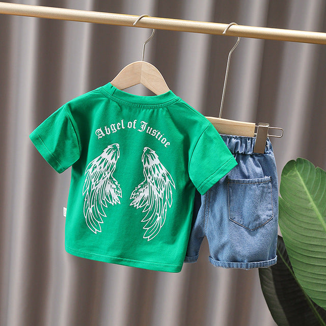 Cool Letter Wings Print T-Shirt + Denim Shorts