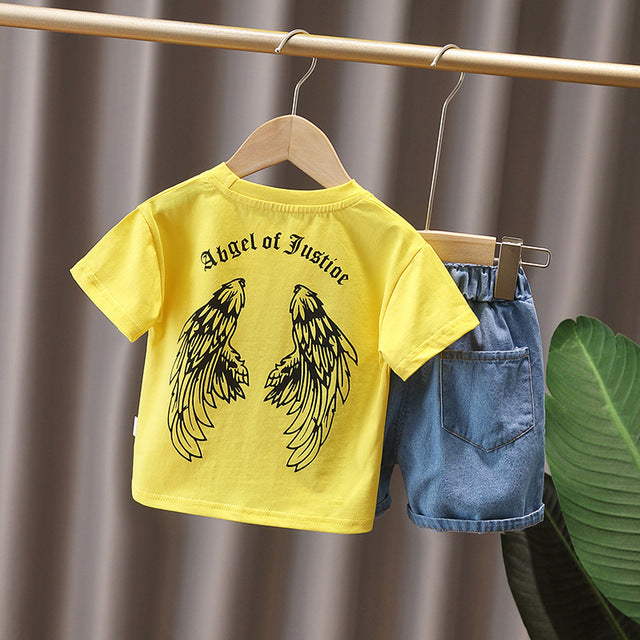 Cool Letter Wings Print T-Shirt + Denim Shorts