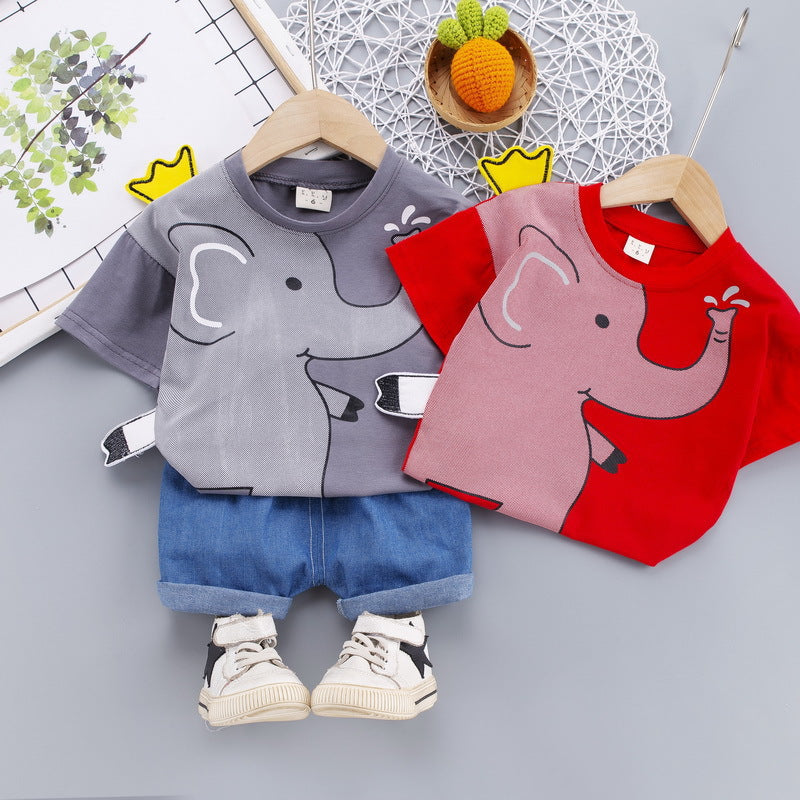 Cute Cartoon Elephant T-Shirt + Denim Shorts