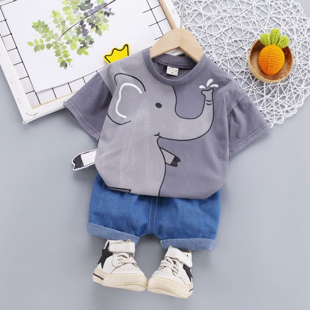 Cute Cartoon Elephant T-Shirt + Denim Shorts