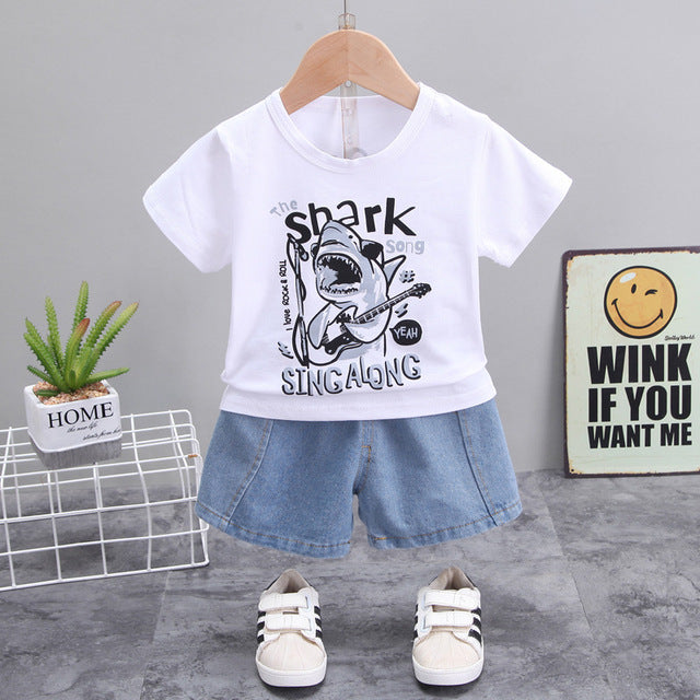 Rock shark print T-shirt + denim shorts
