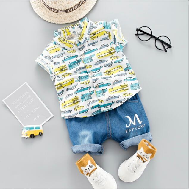 Summer Full Car Print Shirt + Denim Shorts