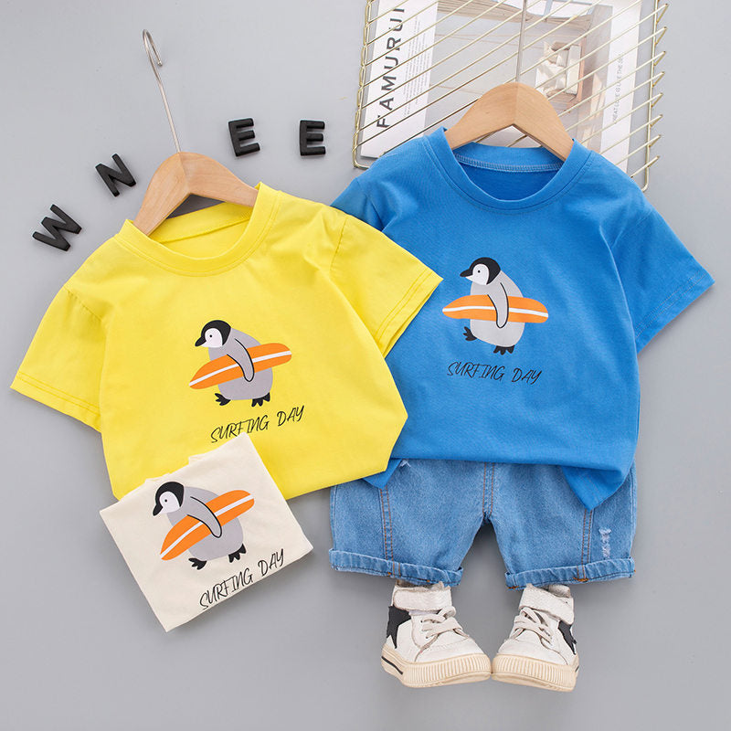 Surfer Cartoon Penguin T Shirt + Shorts