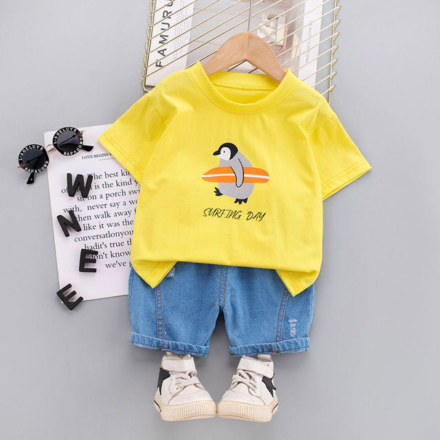 Surfer Cartoon Penguin T Shirt + Shorts