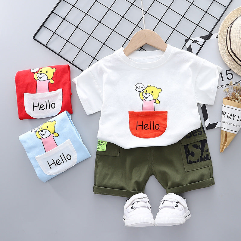 Cute Cartoon Pocket Bear T-Shirt + Casual Shorts