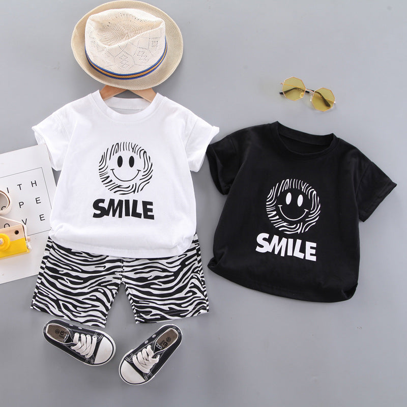 Cool Face Print T-Shirt + Ripple Shorts with Sunscreen Sleeve