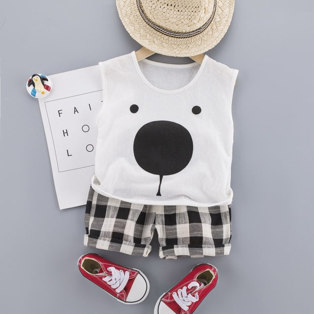 Cute bear face print vest + plaid shorts